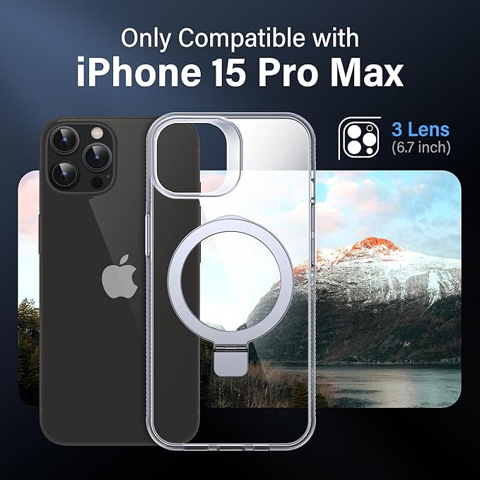 Magnetic Case for iPhone 15 Pro Max - [Built-in Invisible Stand] [Compatible with MagSafe] [Military Grade Drop Protection] Anti-Yellowing Hard Back Silicone Edge Cover, 6.7", Clear