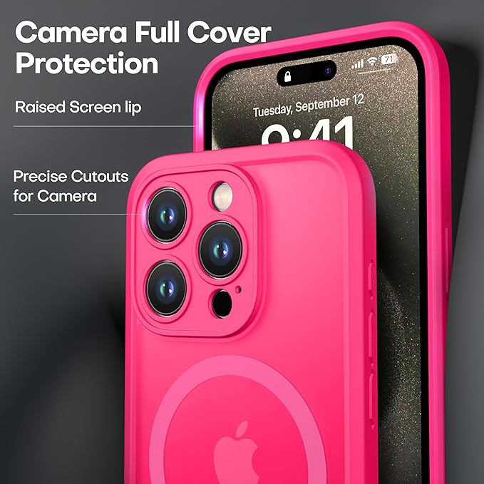ImpactStrong Magnetic Guard Designed for iPhone 15 Pro Max Case [Camera Protection] [Military Grade Drop Tested] [Compatible with MagSafe] Slim Translucent Matte Phone Case (6.7") - Hot Pink