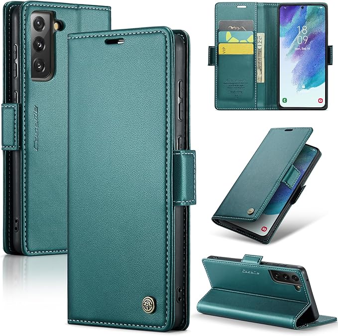 AUPAI for Samsung Galaxy S21 FE Wallet Case with Credit Card Holder, PU Leather RFID Blocking Folio Flip Kickstand Magnetic Clasp Protective Phone Cover for Women Men Cyan