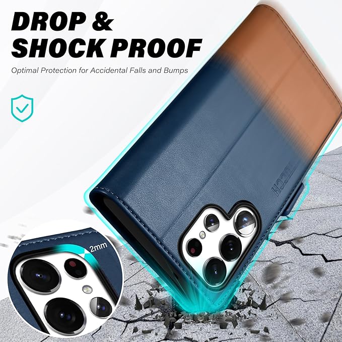 TUCCH Case Wallet for Galaxy S25 Ultra, PU Leather Magnetic Kickstand [RFID Blocking] Card Slot Folio Flip Cover with [TPU Shockproof Interior Case] Compatible with Galaxy S25 Ultra, Blue & Brown