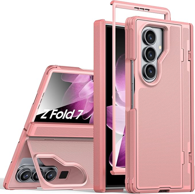 for Galaxy Z Fold 7 Case, Built-in Hidden Kickstand & HD Screen Protector & Hinge Protection, Slim Shockproof Military Grade Drop Protective Phone Case for Samsung Z Fold 7 (Pink)
