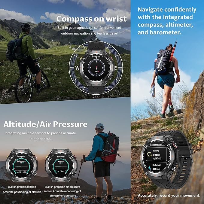 Military GPS Smart Watch: 1.45” IPS Screen, Built-In GPS, Altimeter, Barometer, Compass, Fitness/Wellness Tracker, BT Call, Games, Long Battery Life, 100+ Sports, Waterproof, AI Voice, Android/iOS