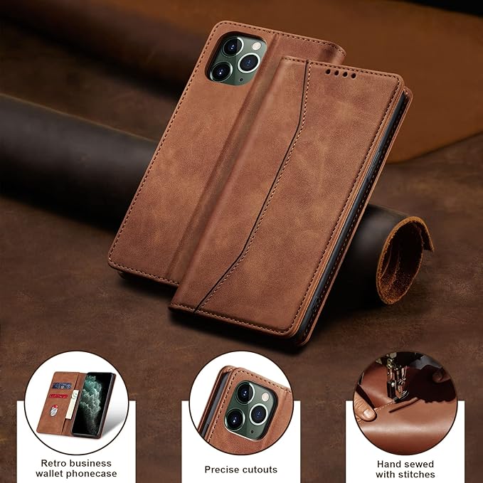Jasonyu Flip Wallet Case for iPhone 11 Pro,Leather Magnetic Folio Cover with Card Holder,Kickstand - TPU Shockproof Durable Protective Phone Case,Brown