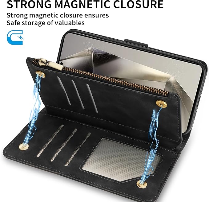 ZZXX for Samsung Galaxy S24 Ultra Wallet Case with RFID Blocking Card Slot PU Leather Zipper Flip Folio with Strap Kickstand Protective Cover for Samsung Galaxy S24 Ultra Case Wallet(Black-6.8 inch)