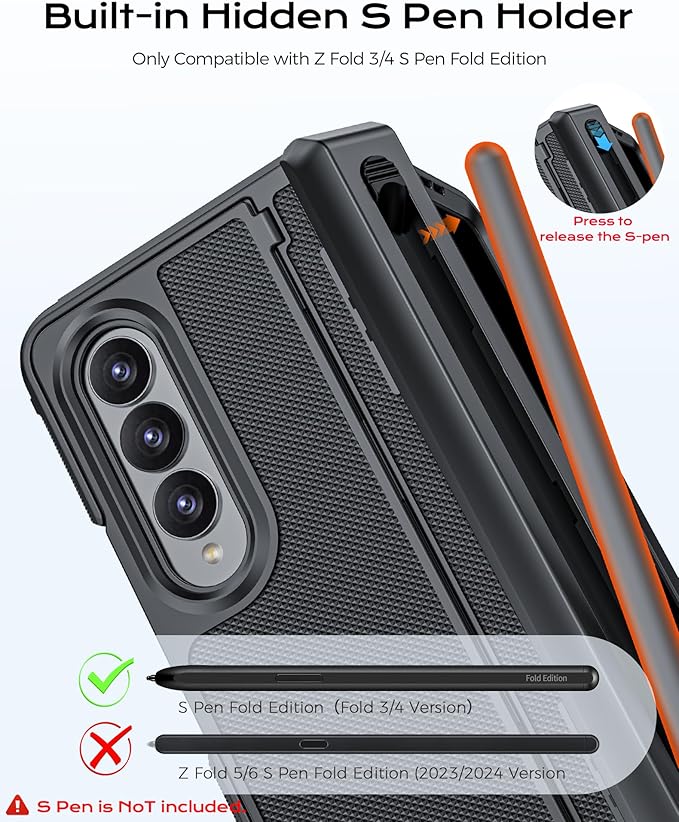 for Galaxy Z Fold 4 Case, S Pen Holder & Privacy Screen Protector & Kickstand & Hinge Protection, Slim Rugged Military-Grade Shockproof Protective Phone Case for Samsung Fold 4 (Black)