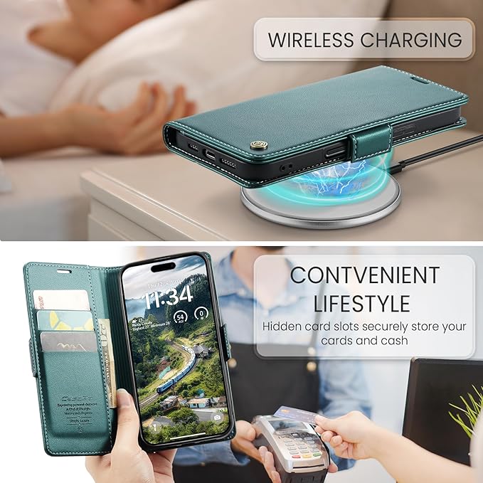 for iPhone 16 Pro Max Case, Premium PU Leather Wallet Case Flip Cover with [RFID Blocking][Card Holder][Stand Function] Shockproof Protective for iPhone 16 Pro Max 6.9", Blue-Green