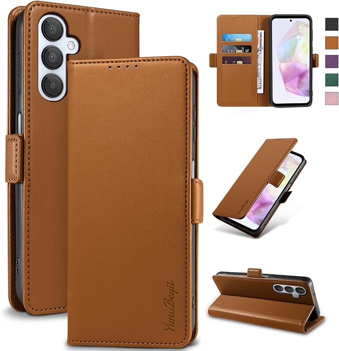 Wallet Flip Case for Samsung Galaxy A35 5G - [RFID Blocking] Luxury PU Leather Card Holder Magnetic Phone Cover with Kickstand,Shockproof Protective Case,Brown