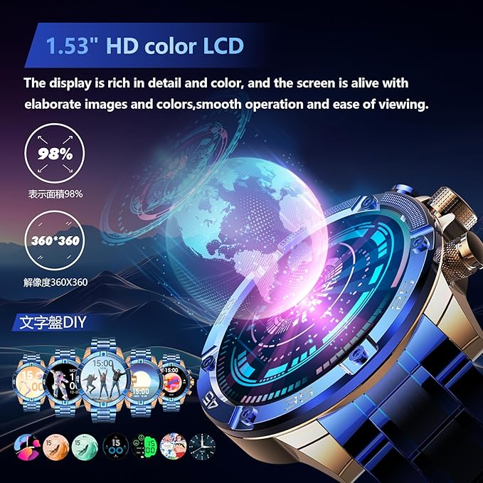 Smartwatch for Men 1.53-Inch Luxury Business Sports & Fitness Men's Watch, IP67 Water Resistant, 440mAh Extended Standby, Multi-Sport Mode and Monitor, Supports IOS 8.0 and Android 4.4 (Steel Blue)