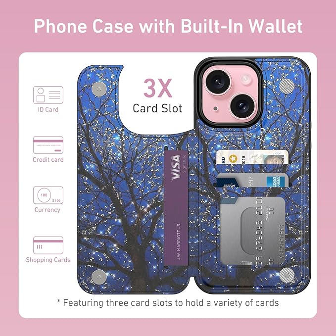 FUNMIKO for iPhone 13 Wallet Case with Card Holder, RFID-Blocking, Military-Grade Protection & UV-Printed Artwork, Magnetic Closure with Leather Kickstand - Dreamy Wishing Tree