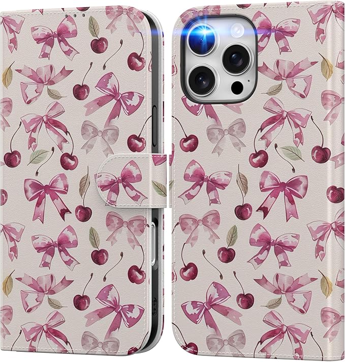 DEENAKIN for iPhone 16 Pro Wallet Case with Card Holder + Cash Clip, RFID-Blocking, Military-Grade Drop Protection, Magnetic Closure with Leather Kickstand - Cherry & Bowknot