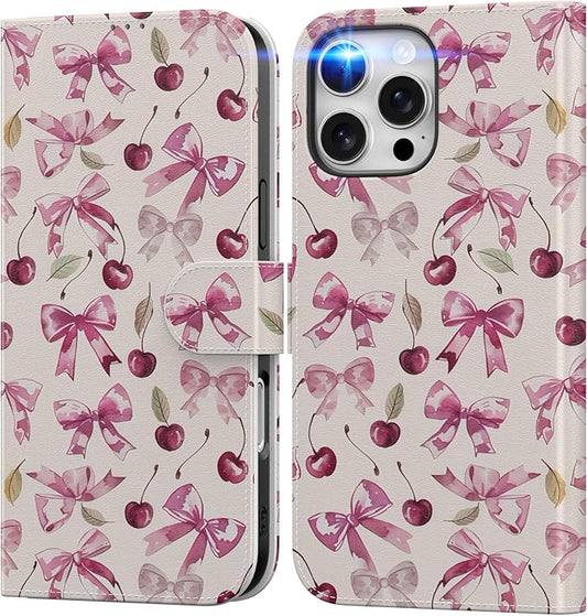 DEENAKIN for iPhone 16 Pro Wallet Case with Card Holder + Cash Clip, RFID-Blocking, Military-Grade Drop Protection, Magnetic Closure with Leather Kickstand - Cherry & Bowknot