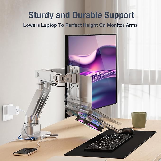 AVLT Dual 17”-38" Monitor Arm Desk Mount with 17" Laptop Tray and USB-C Docking Station, HDMI 4K60Hz, USB-A 5Gbps, Ethernet, 100W PD, Fits Two Flat/Curved Monitor - Gray