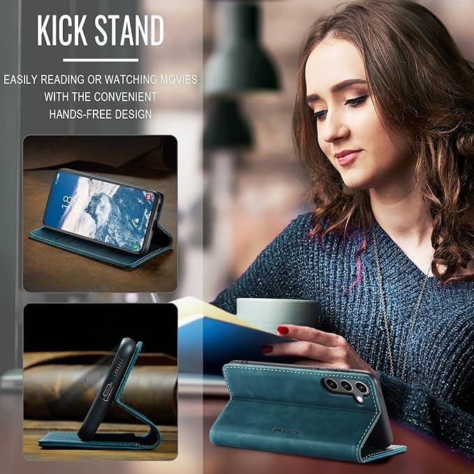 for Samsung Galaxy S24 FE 5G Case, Flip Wallet Leather Case with Card Holder Magnetic Closure Shockproof Kickstand Protective Phone Cases Cover for Galaxy S24 FE, Blue-Green