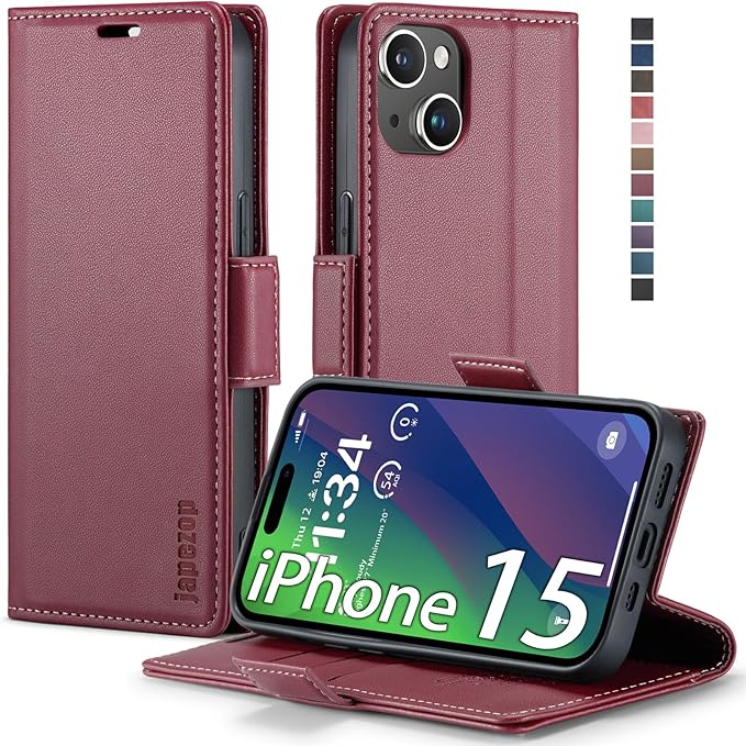 japezop iPhone 15 5G Wallet Case with [RFID Blocking],Card Holder Kickstand Magnetic,Leather Flip Case Wallet for iPhone 15 5G 6.1 Inch (Fashion Red)