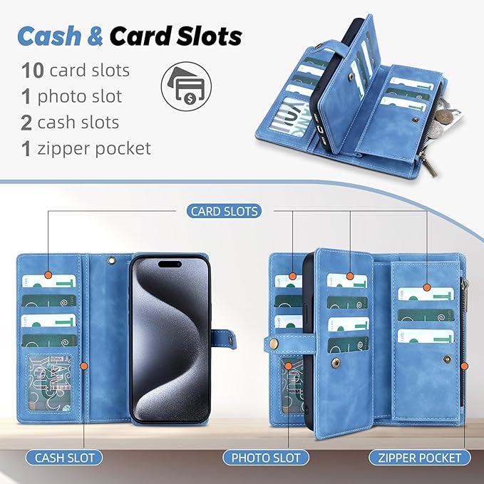TwoHead Wallet Case Compatible with iPhone 15 Pro,Detachable Magnetic Phone Case,All-Round Protective Leather Phone Case with Card Holder,6.1 in,Sky Blue