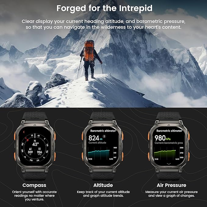 KOSPET Tank M3 Ultra Smart Watch with GPS, 50M Waterproof, Compass, Altitude, Air Pressure, 480mAh Extra Large Battery, Full Stainless Steel, Bluetooth Call, 1.96'' AMOLED Always-on Display, AI Voice