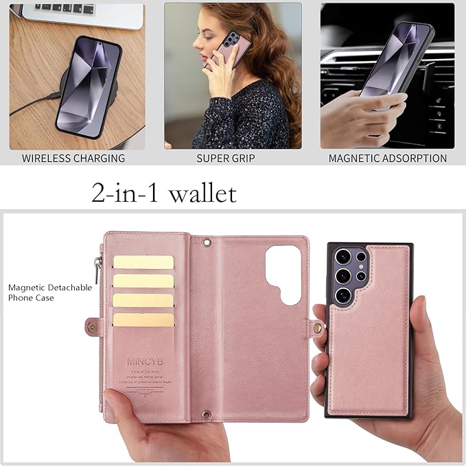 MInCYB for Samsung Galaxy S24 Ultra Case, Galaxy S24 Ultra Wallet Case with Card Holder (12+ Card Slots) - PU Leather Case for Women & Men, Wireless Charging, Detachable Magnetic Phone Cover. Pink
