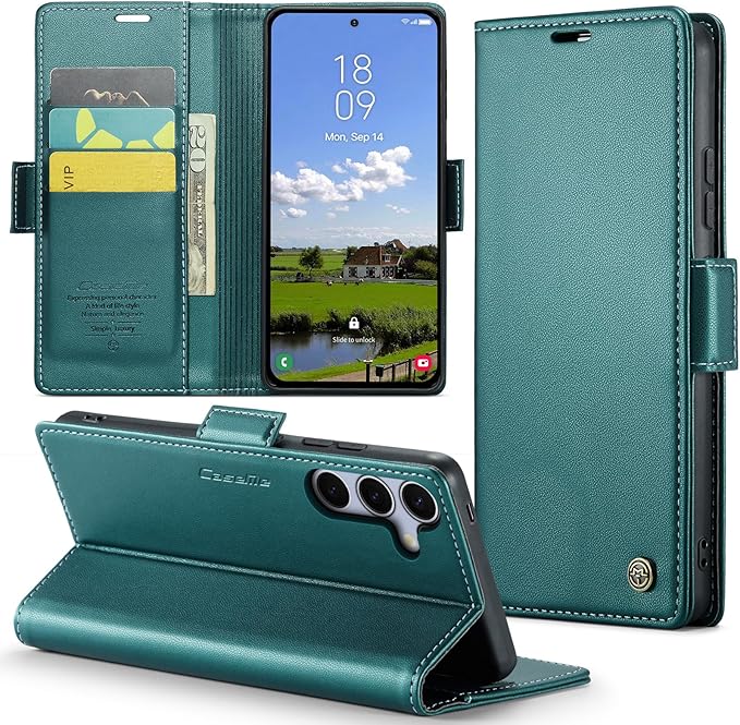for Samsung Galaxy S25 Case, Premium PU Leather Wallet Case Flip Cover with [RFID Blocking][Card Holder][Stand Function] Shockproof Protective for Samsung Galaxy S25, Blue-Green