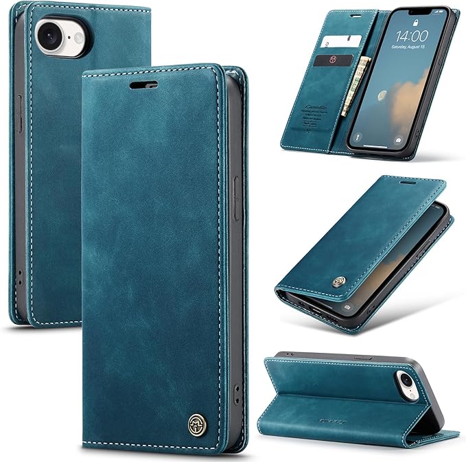 for iPhone 16e / iPhone SE 4 / iPhone SE 2025 Case, Flip Wallet Leather Case with Card Holder Magnetic Closure Shockproof Kickstand Protective Phone Cases Cover for iPhone 16e, Blue-Green