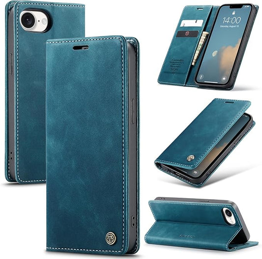 for iPhone 16e / iPhone SE 4 / iPhone SE 2025 Case, Flip Wallet Leather Case with Card Holder Magnetic Closure Shockproof Kickstand Protective Phone Cases Cover for iPhone 16e, Blue-Green