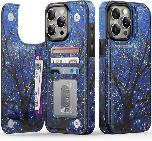 FUNMIKO for iPhone 14 Pro Max Wallet Case with Card Holder, RFID-Blocking, Military-Grade Protection & UV-Printed Artwork, Magnetic Closure with Leather Kickstand - Dreamy Wishing Tree