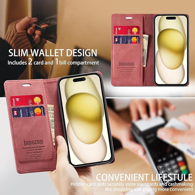 japezop iPhone 15 5G Wallet Case with [RFID Blocking],Card Holder Kickstand Magnetic,Leather Flip Case Wallet for iPhone 15 5G 6.1 Inch(Red)