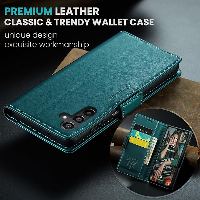 for Samsung Galaxy A15 4G/5G Case, Premium PU Leather Wallet Case Flip Cover with [RFID Blocking][Card Holder][Stand Function] Shockproof Protective for Samsung Galaxy A15, Blue-Green
