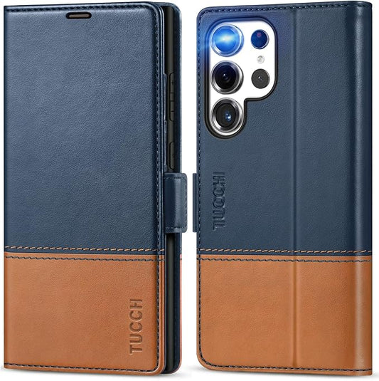 TUCCH Case Wallet for Galaxy S25 Ultra, PU Leather Magnetic Kickstand [RFID Blocking] Card Slot Folio Flip Cover with [TPU Shockproof Interior Case] Compatible with Galaxy S25 Ultra, Blue & Brown