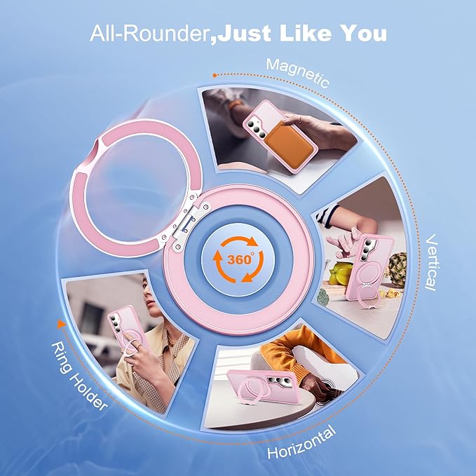 for Samsung Galaxy S25 Plus Case with 360°Rotatable Magnetic Ring Stand Compatible with Mag-Safe Military Protection Shockproof Matte Translucent Phone Cases for Galaxy S25+,Pink