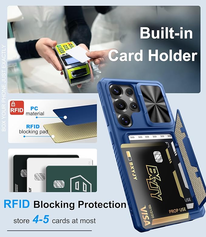 for Samsung Galaxy S25 Ultra Wallet Case, Card Holder (4-5 Cards), RFID Block, Slide Lens Cover, Military Grade Drop Proof, Hard Heavy Duty Men Women Protective Case for Galaxy S25 Ultra, Blue