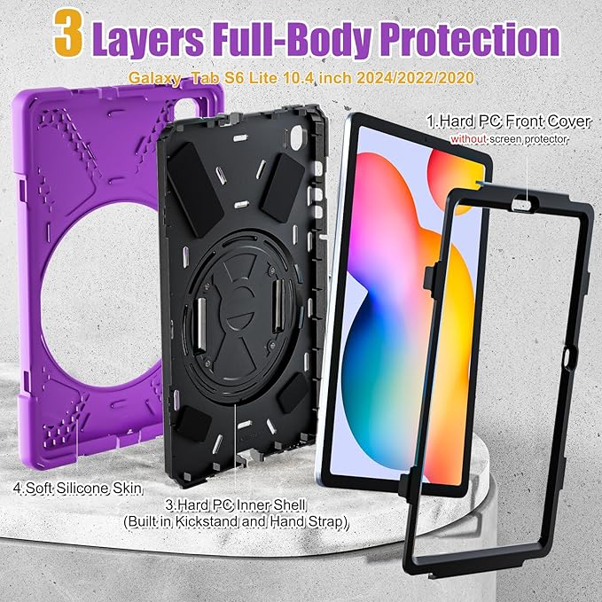 BRAECNstock for Samsung Galaxy Tab S6 Lite Case 10.4 inch 2024/2022/2020 (SM-P620/P610/P619) Shockproof Protective Kids Cover with Rotating Stand & Hand Strap Pen Holder Case for Tab S6 Lite - Purple