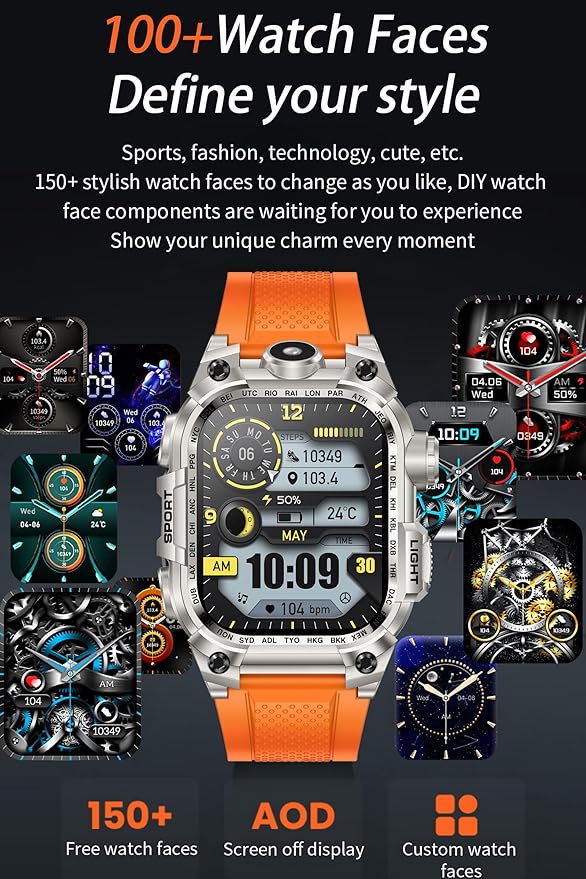 Tough Smart Watch for Working Men with Flashlight, 2.01" HD Ultra Large Rugged Smartwatch Bluetooth Call/Heart Rate/Sleep Monitor Hiking Camping Fitness Track Watches