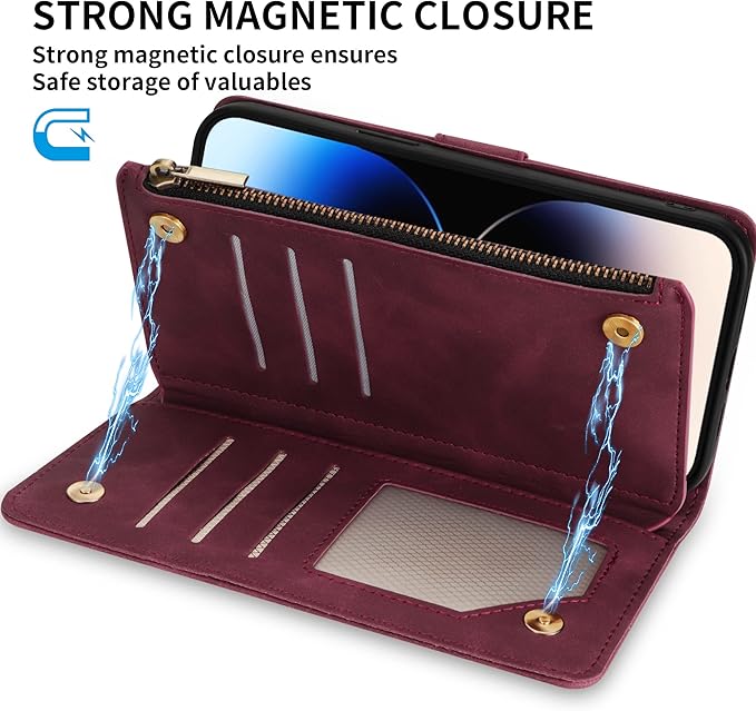 ZZXX For iPhone 14 Pro Case Wallet With [RFID Blocking] Card Slot Premium Soft PU Leather Zipper Flip Folio With Wrist Strap Kickstand Protective Cover For iPhone 14 Pro Wallet Case(Wine Red-6.1 inch)