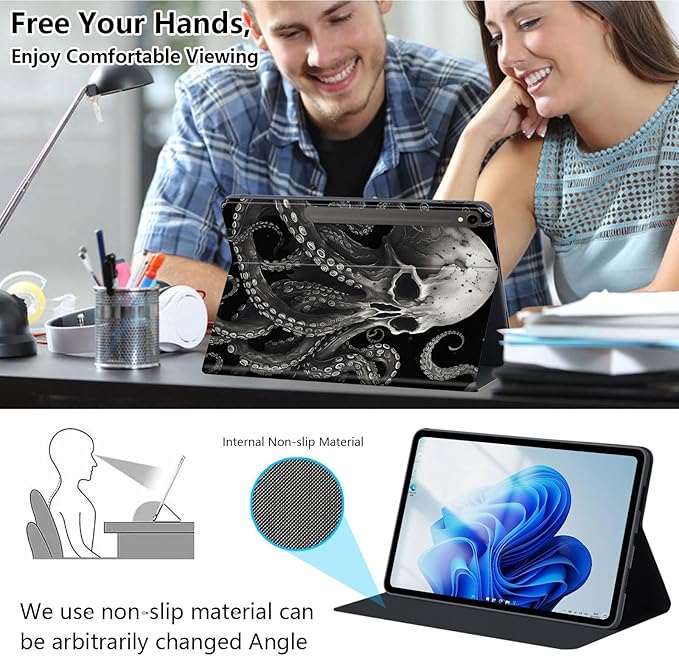 Slim Case for Samsung Galaxy Tab S10 FE / S9 FE 5G 10.9" & Tab S9 11", PU Leather Protective Cover, Multi-Angle Stand, Auto Sleep/Wake, Skeleton Octopus