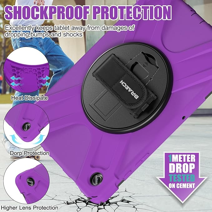 BRAECNstock for Samsung Galaxy Tab A9+ Plus Case 11 inch (SM-X210/X216/X218) Shockproof Protective Kids Case with Screen Protector Pen Holder [360° Rotating Hand Strap+Stand], Purple