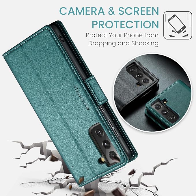 Case for Samsung Galaxy S21 FE Wallet Case, RFID Blocking PU Leather Flip Folio Cover Card Holder Kickstand Shockproof Phone Case Compatible with Samsung Galaxy S21 FE, Blue Green