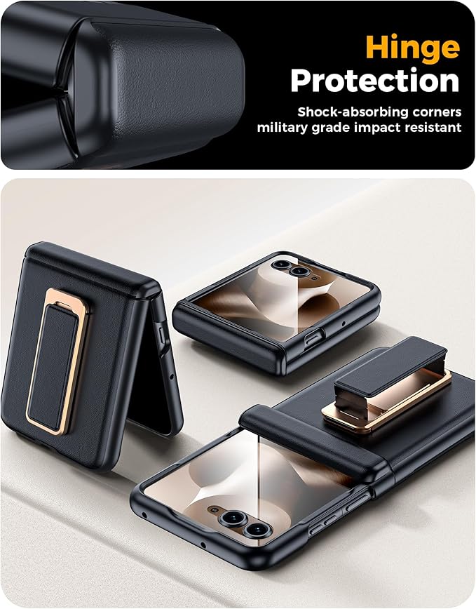 for Motorola Razr Ultra 2025 Case, Built-in Screen Protector & Hinge Protection & 360° Spin Stand & Hand Strap, Ultra Thin Genuine Leather Shockproof Phone Case for Razr Ultra 2025(Black)