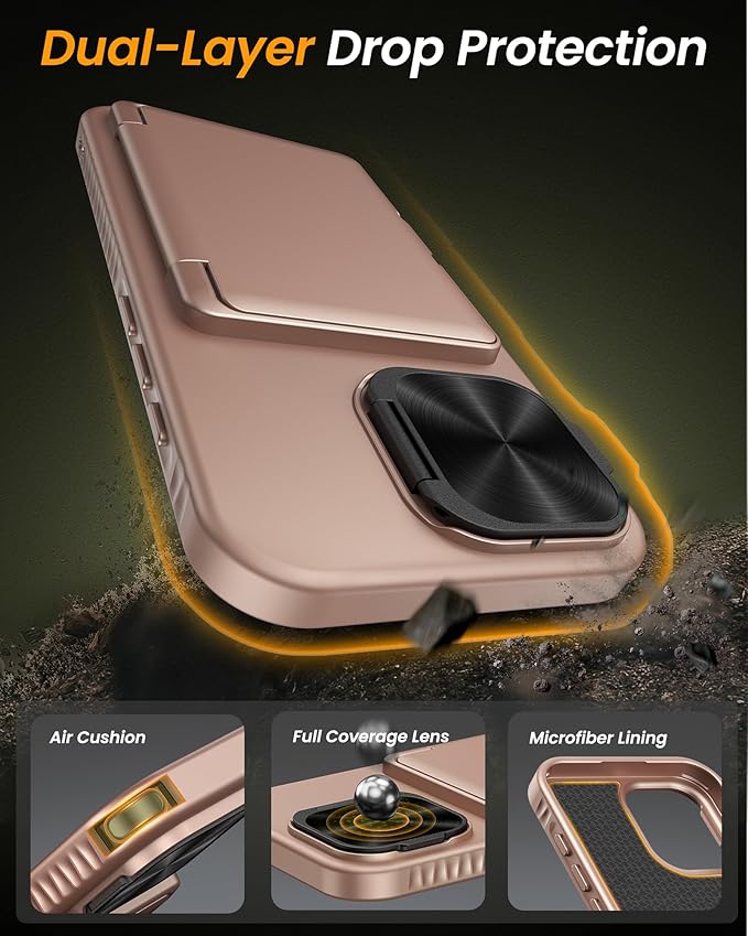 for iPhone 17 Case with Card Holder & Stand & Camera Cover, Military Grade Drop Protection Hard Rugged Multifunctional Wallet Kickstand Protective Phone Case for iPhone 17, Rose Gold
