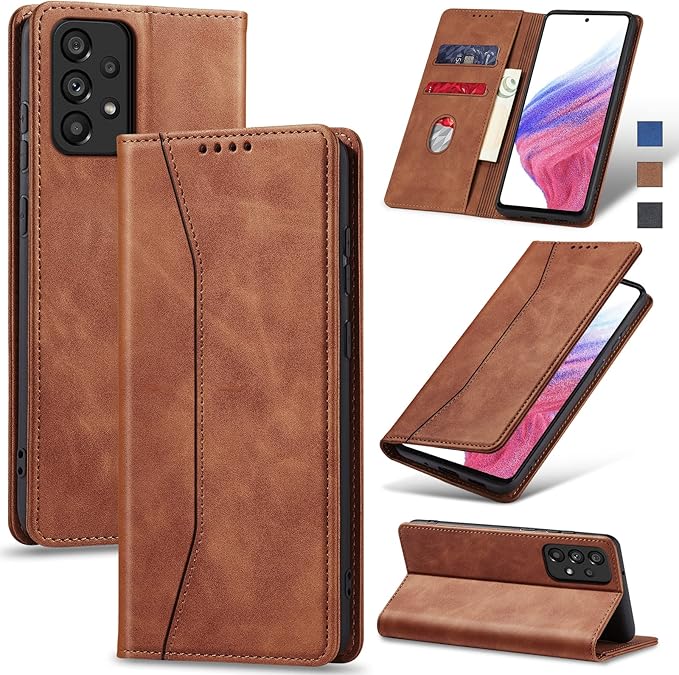 Jasonyu Flip Wallet Case for Samsung Galaxy A53 5G,Leather Magnetic Folio Cover with Card Holder,Kickstand - TPU Shockproof Durable Protective Phone Case,Brown