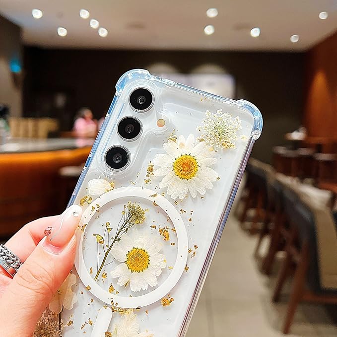 Compatible with Samsung Galaxy S25 Case,Compatible with MagSafe,Cute Pressed Dried Flowers Design Women Girly Shockproof Floral Clear Magnetic Case for Galaxy S25 (White)