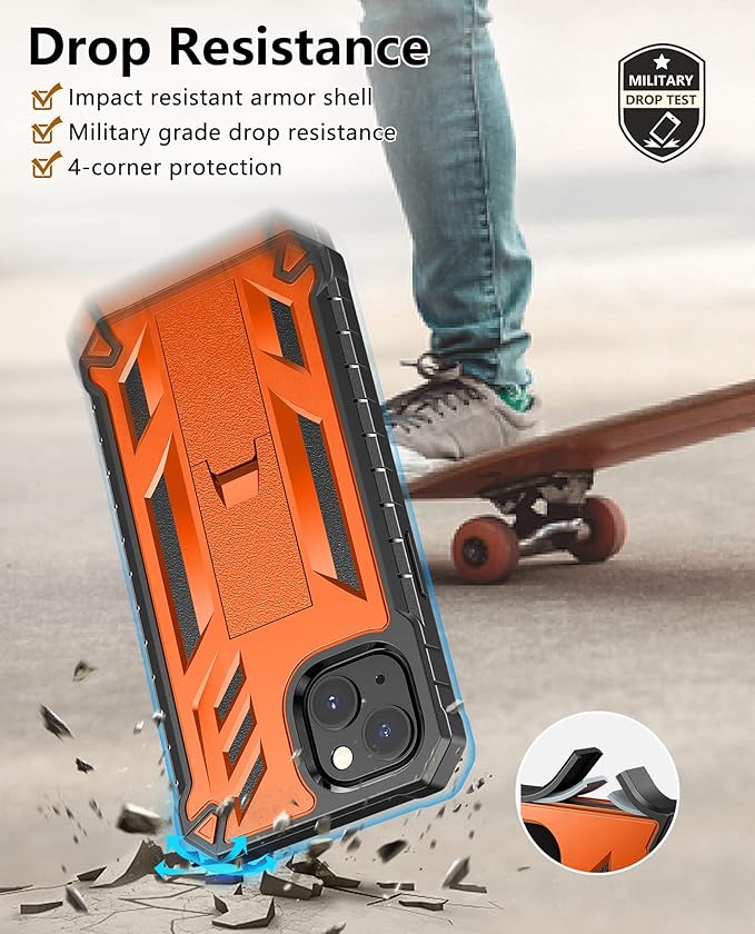 for iPhone 13/14 Protective Case: for iPhone 16e Cover with Built-in Kickstand | Heavy Duty Military Grade Hard Protection Shock Proof | Durable Dual-Layer Design Orange