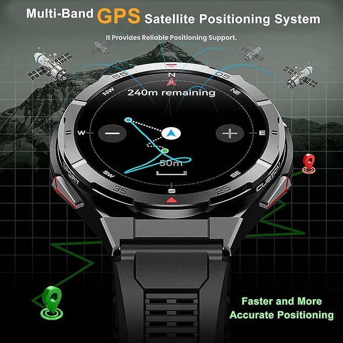Military GPS Smart Watch: 1.43” AMOLED Always On Display, Built-In GPS, Compass, Altimeter, Barometer, Fitness/Path Tracker, BT Call, 150+ Sports, IP69K, Voice Assist, Long Battery Life, Android/iOS