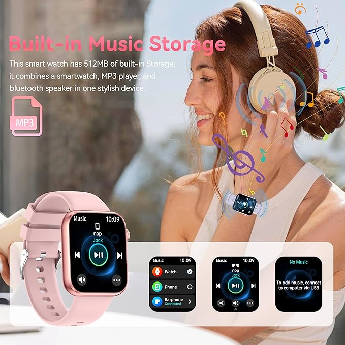 KPEP Smart Watches MP3 Player 2 in 1, 1.85" HD Smartwatch for Men Women, Answer/Make Calls, Sleep/SpO2/Heart Rate Monitoring, 100+ Sports Modes, IP68 Waterproof Fitness Tracker for iOS Android, Pink