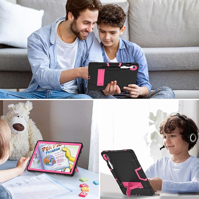 Case for Galaxy Tablet S9 FE & S9 2023 (SM-X710/X718U/X716B/X510/X516B), Soft Silicone & Hard Pc 3-Layer Military Protector Cover for Tab S9 11" with S-Pen Holder Stand case Black+Rose Red