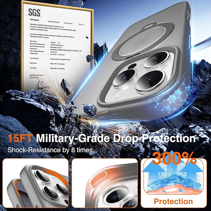 360° O-Ring MagStander for iPhone 15 Pro Case with Magnetic Kickstand Ring Holder [Compatible with MagSafe][360°Rotate Stand Ring][Military Shockproof] iPhone 15 Pro Phone Cover Matte Grey