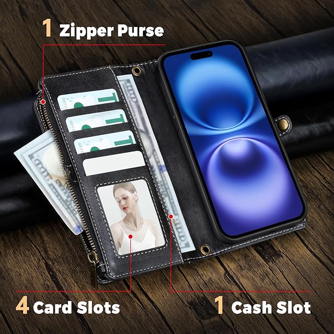 for iPhone 16 Wallet Phone Case with 7 Card Holder,RFID Blocking | PU Leather | Kickstand | Flip | Wrist Strap&Shoulder Strap | Shockproof | Zipper Wallet | Women Men | 6.1" | Black