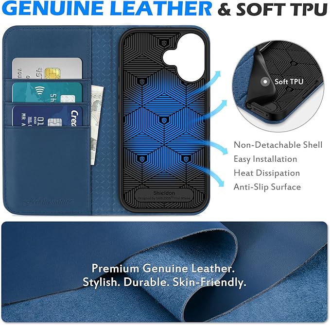 SHIELDON Genuine Leather Wallet Case for iPhone 17 5G 6.3-inch 2025 | RFID Blocking Credit Card Holder | Foldable | Magnetic | Kickstand | Shockproof Cover for Men Women | Royal Blue