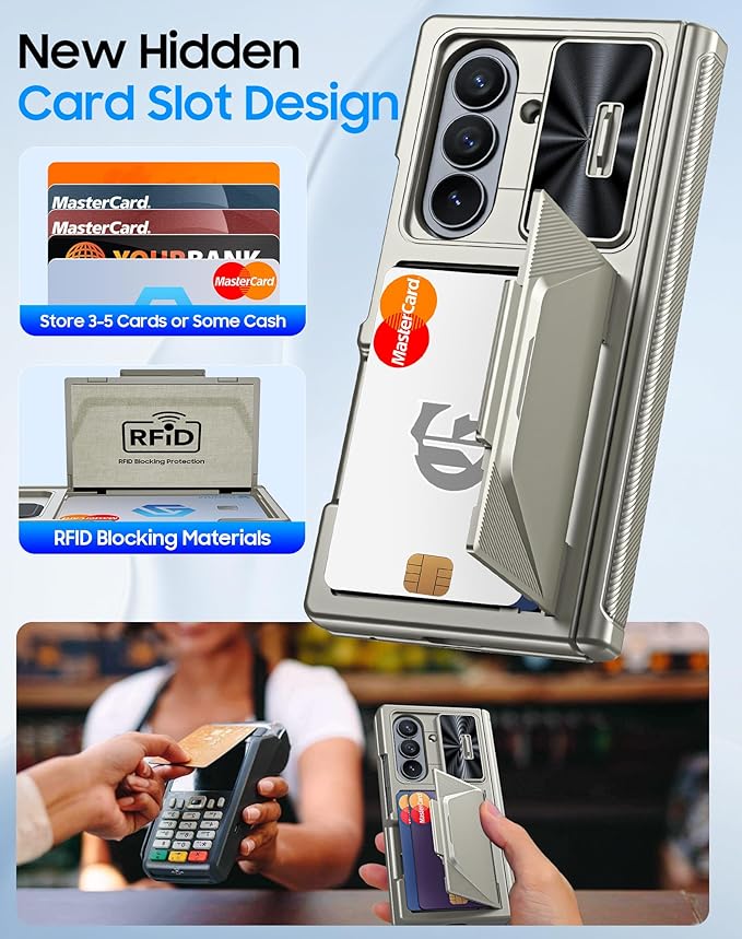 for Samsung Galaxy Z Fold 7 Case with Card Holder RFID Blocking, Built in Slide Lens Cover & Hinge Protection & Screen Protector, Shockproof Wallet Case for Z Fold 7 (Titanium Gold)
