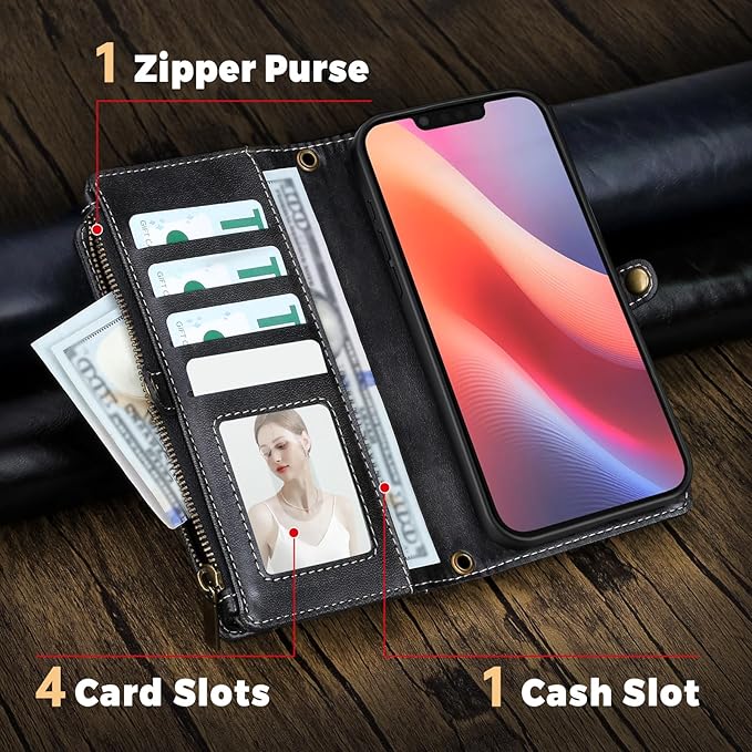for iPhone 16e Wallet Phone Case with 7 Card Holder,RFID Blocking | PU Leather | Kickstand | Flip | Wrist Strap&Shoulder Strap | Shockproof | Zipper Wallet | Women Men | 6.1" | Black