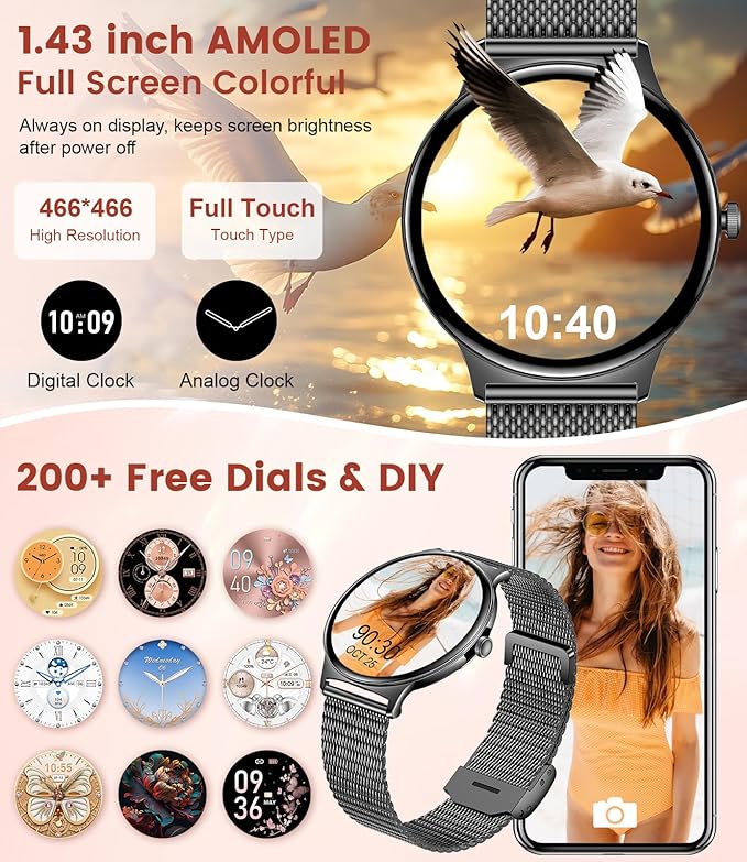 LIGE Smart Watch for Women Men,1.43" HD AMOLED Slim Smartwatch for Android iOS,Fitness Tracker with 120+ Sport Modes/IP68 Waterproof/Sleep Monitor,Light Black